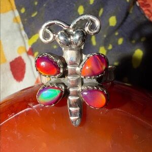 Sterling Silver Aurora Red Opal Dragonfly Ring